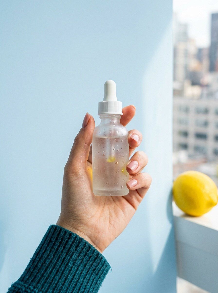 A hand holding a frosted glass skincare bottle against a pale blue backdrop with soft shadows